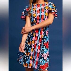 Eva Franco Anthropologie Ferrah Embroidered Dress (NO SLIP) Size 10 Flower Child